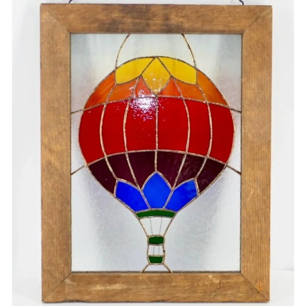 Rainbow Hot Air Balloon Stained Glass Wood Framed Window Panel 13